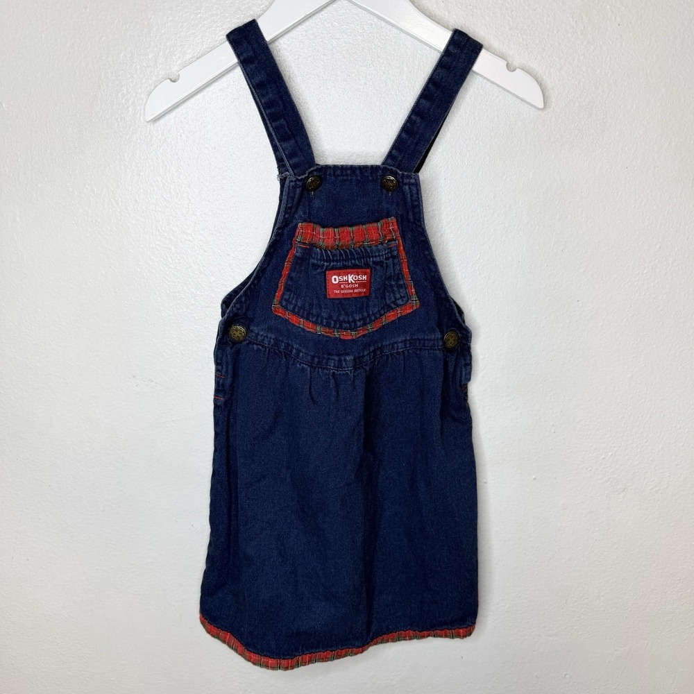 Vintage Vestbak Oshkosh B'gosh Blue Denim Red Plaid Jumper Overall Dress Girls 5